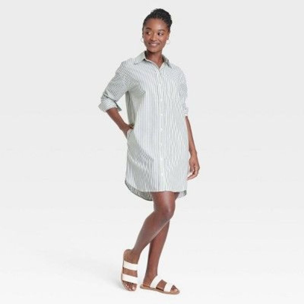 Universal Thread Green and White Striped Shirt Dress